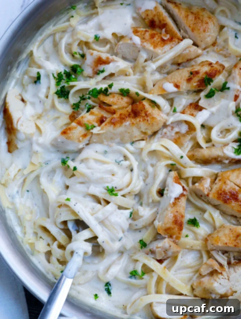 Top down shot of creamy chicken alfredo recipe in a pot, garnished and ready to serve.