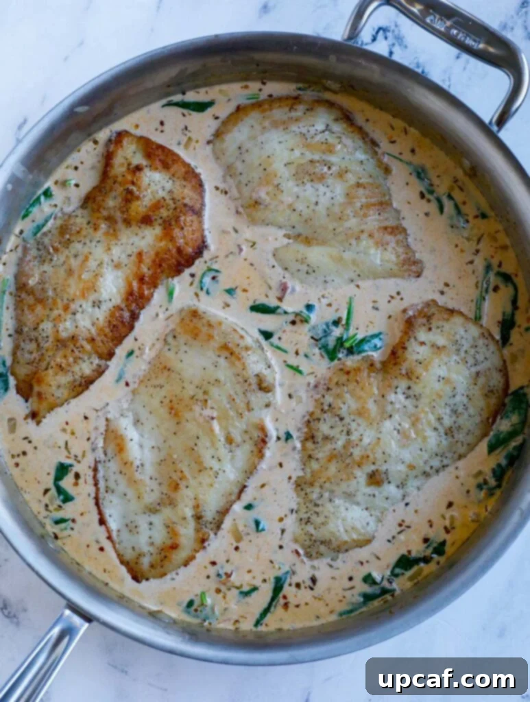 Cooked chicken placed back into the creamy sauce in a pot.