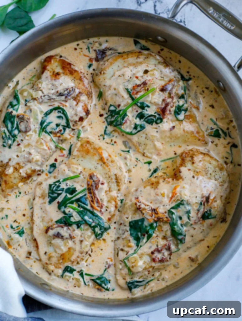 Top down view of tuscan chicken in a silver pan, ready to serve.