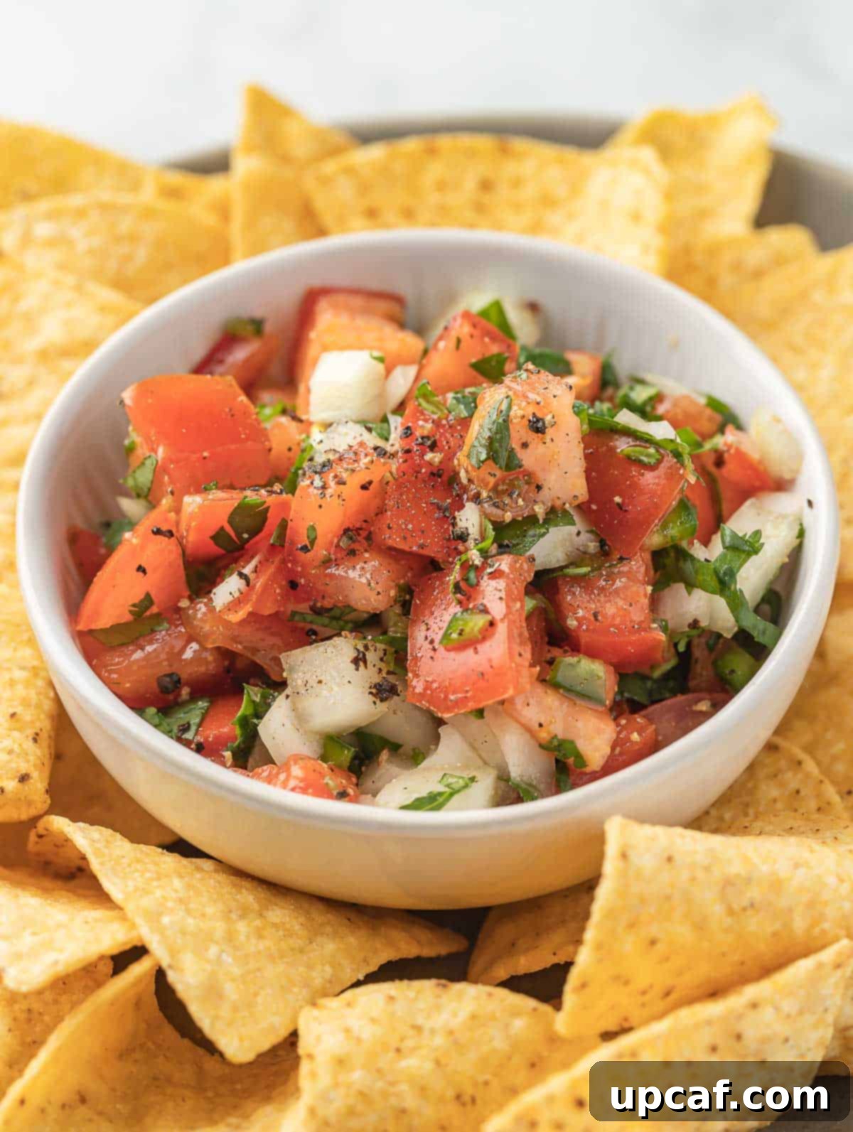 pico de gallo in a white bowl.