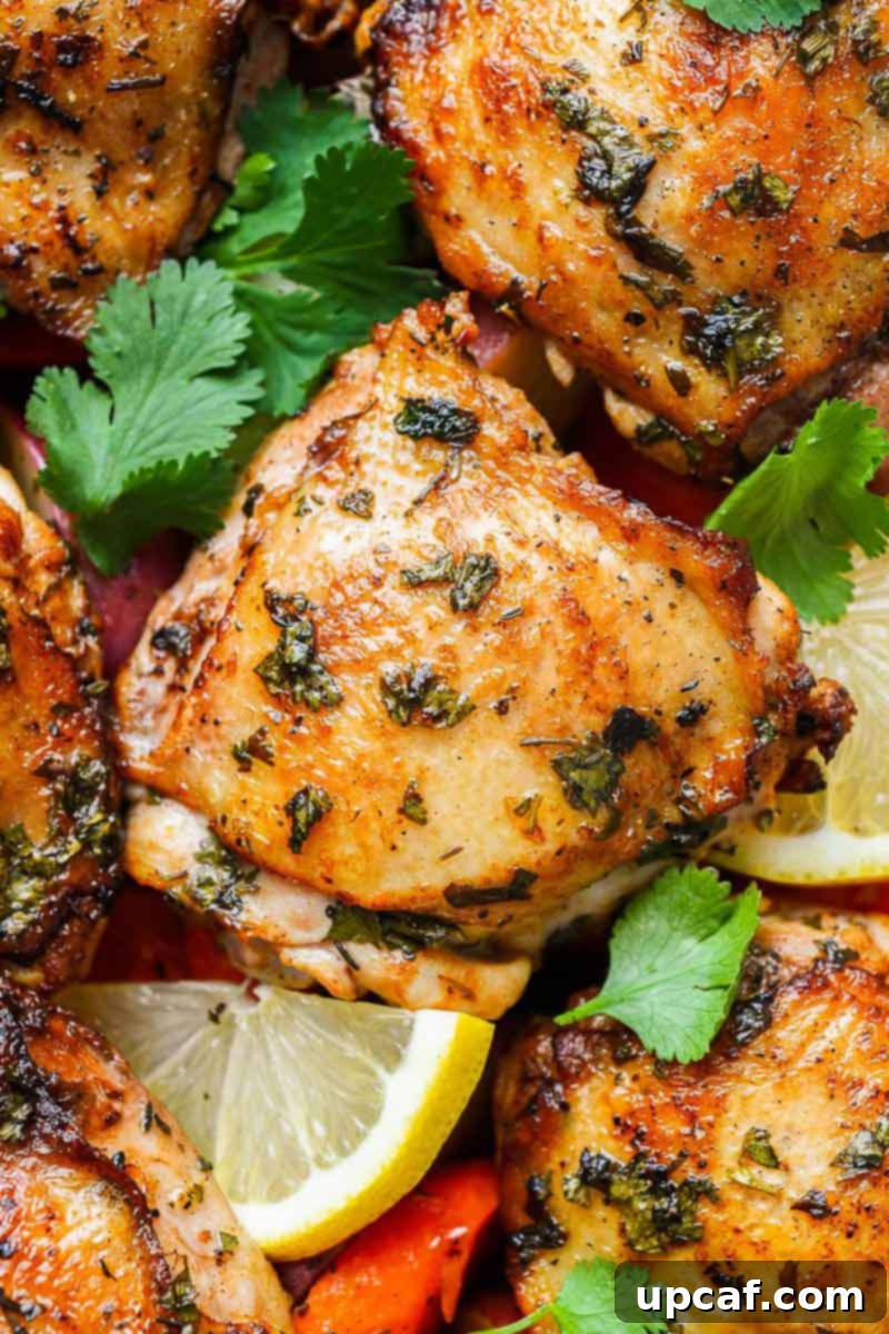 Zesty Lemon Cilantro Chicken 5 Close-up shot of baked cilantro lemon chicken thighs, showcasing the crispy skin and tender meat.