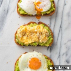 3 avocado toasts topped with fried, scrambled and poached egg.