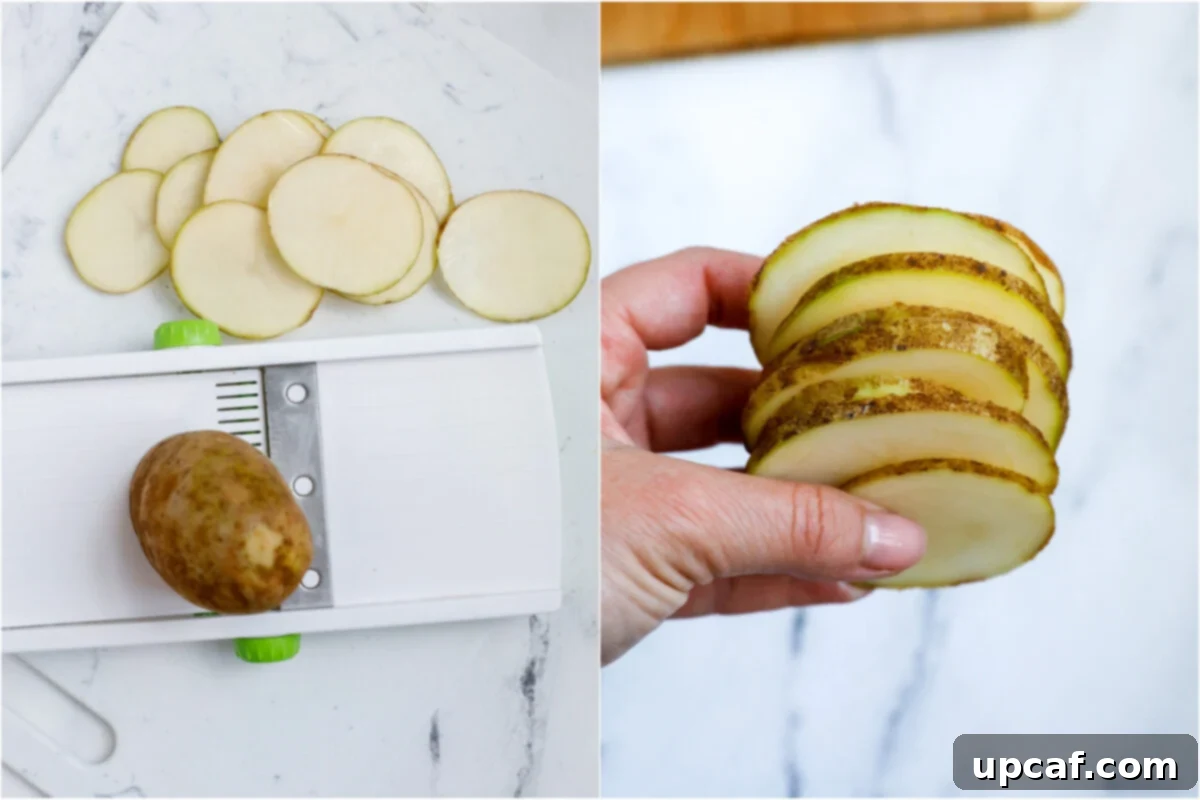 Everything Bagel Potato Crisps 3 Hand holding a stack of thinly sliced potato rounds, beside a mandoline slicer with more slices.