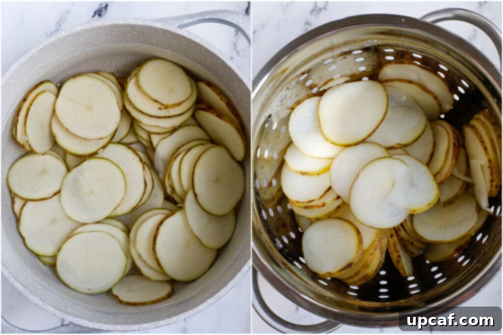 Everything Bagel Potato Crisps 4 Top-down shot of potato slices draining in a colander under running cold water.
