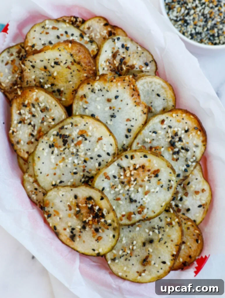 Everything Bagel Potato Crisps 6 Overhead shot of a full basket of crispy homemade Everything Bagel Potato Chips.