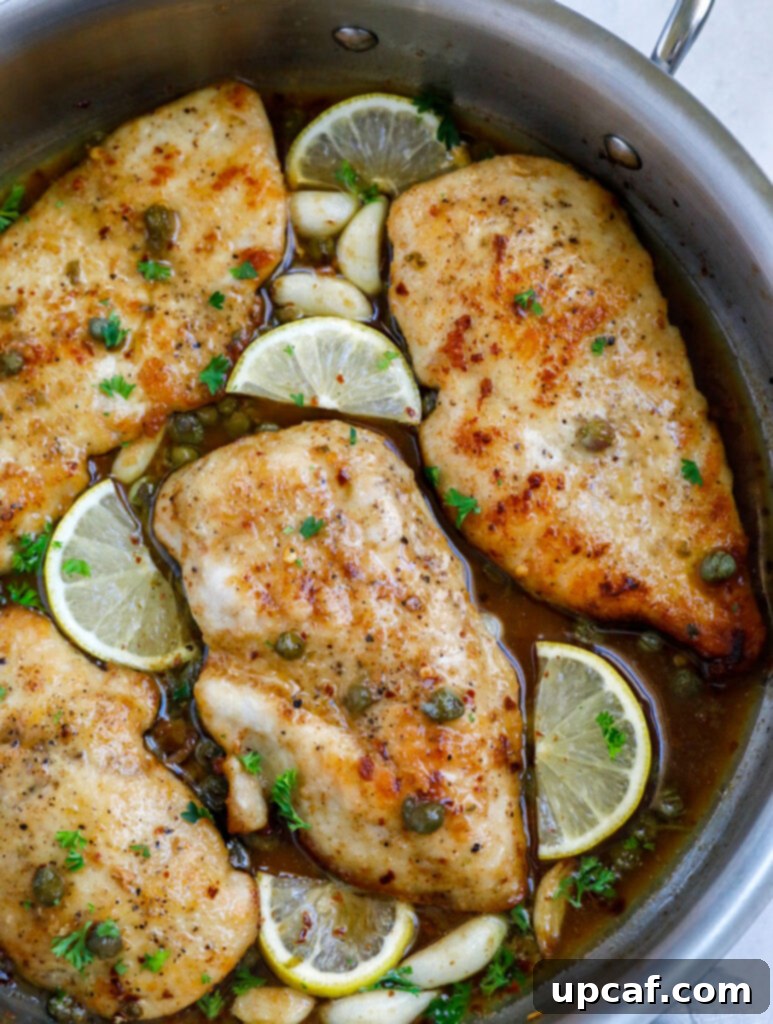 Overhead shot of lemon chicken piccata in a pot with vibrant lemon wedges and fresh parsley as garnish.