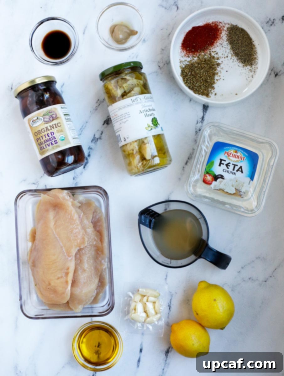 top down shot of the Greek chicken ingredients laid out