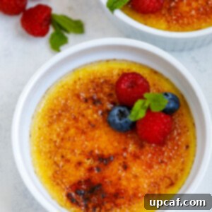 Effortless Crème Brûlée 12 Top down view of creme brulee in two ramekins.