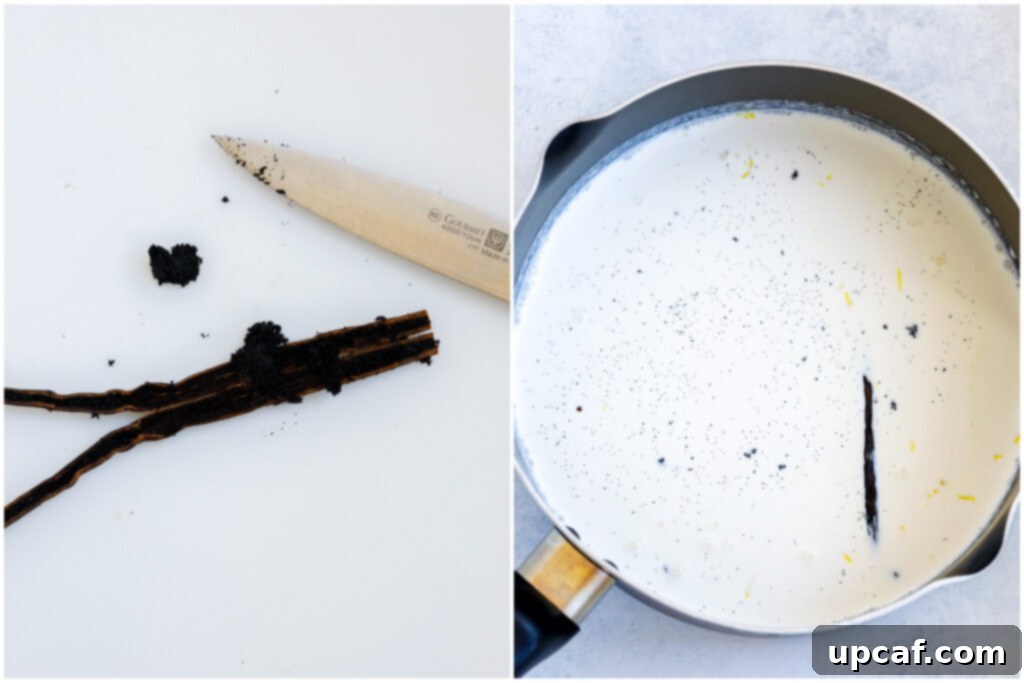 Effortless Crème Brûlée 4 A saucepan filled with heavy cream and a vanilla bean, ready to be heated.