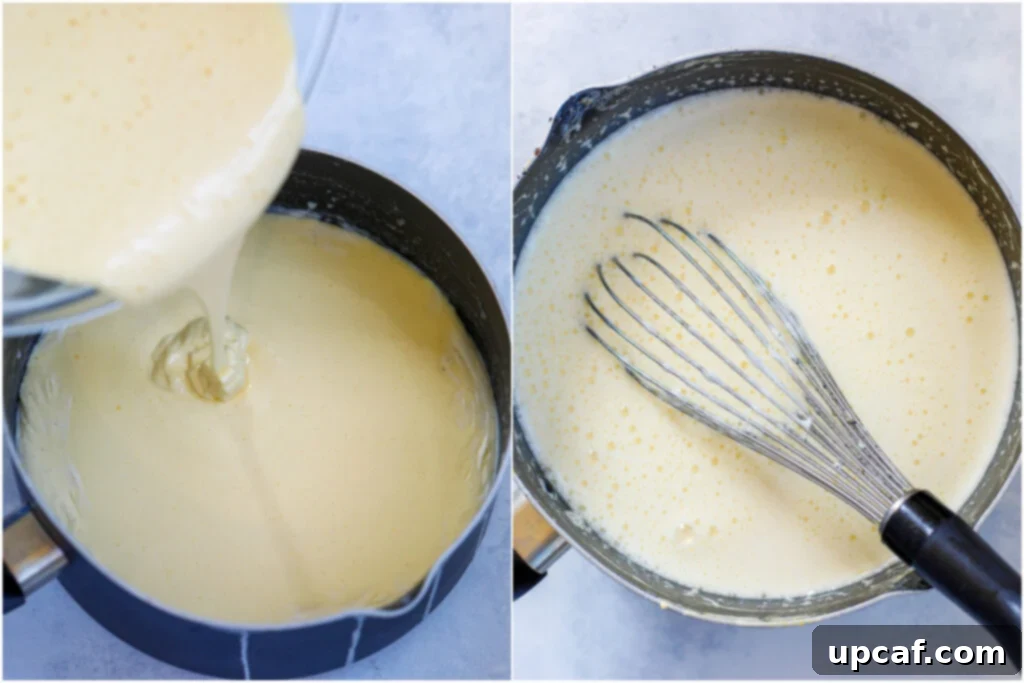 Effortless Crème Brûlée 6 The custard mixture being whisked in a pan on the stovetop, ensuring a smooth consistency.