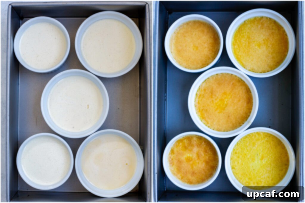 Effortless Crème Brûlée 8 A side-by-side comparison showing ramekins filled with uncooked custard and then the same ramekins with perfectly baked custard after a water bath.