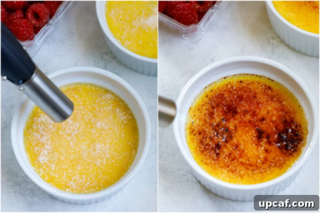 Effortless Crème Brûlée 9 A before and after sequence of granulated sugar being torched on top of a crème brûlée, transforming into a golden, brittle caramel crust.
