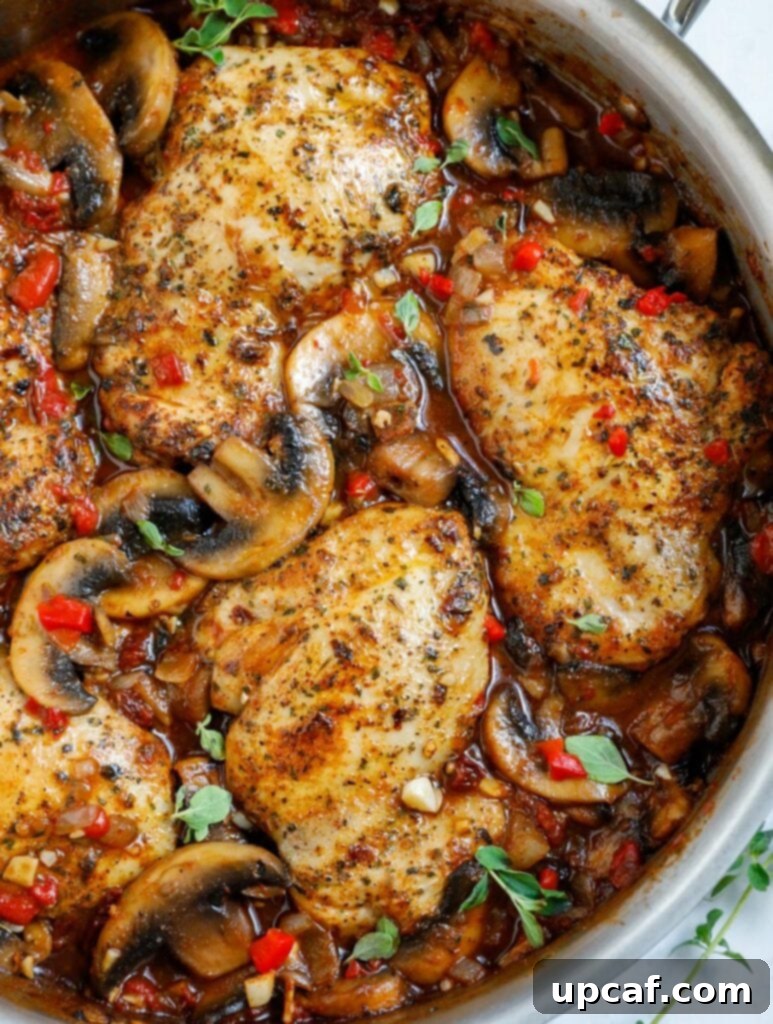 Creamy Tuscan Chicken Thighs 2 Top down shot of tuscan chicken in a pot, ready to be served.