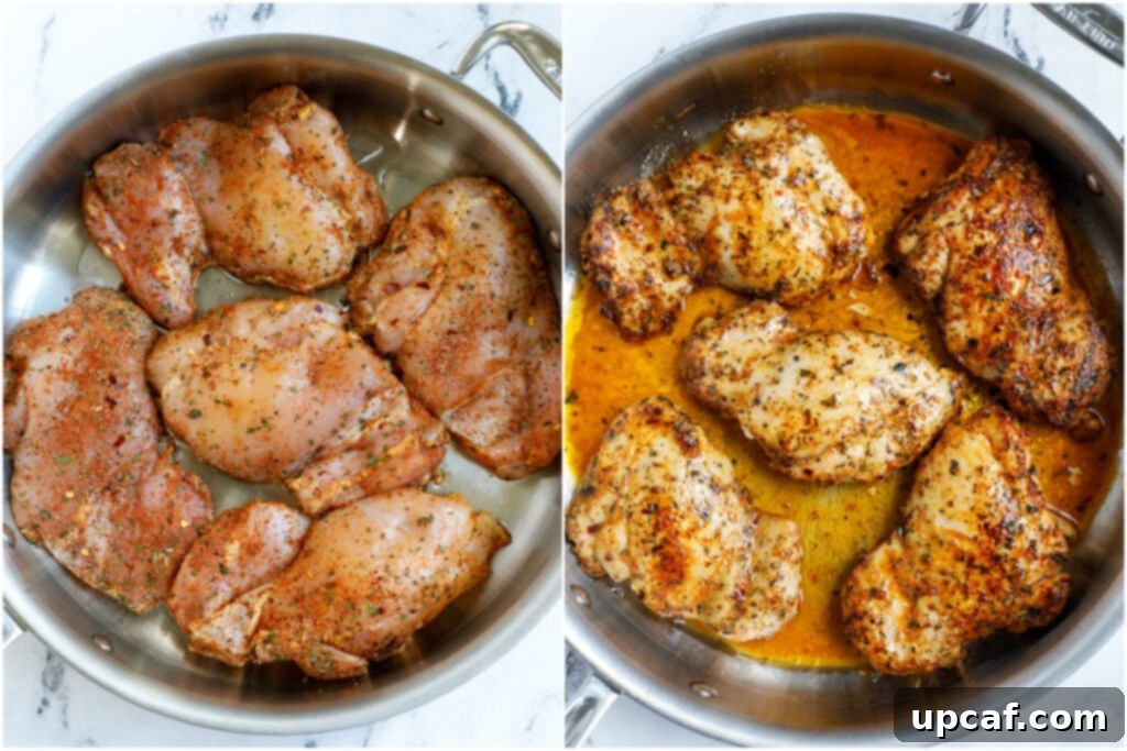 Creamy Tuscan Chicken Thighs 4 Close-up of chicken thighs pan-searing in a hot skillet.