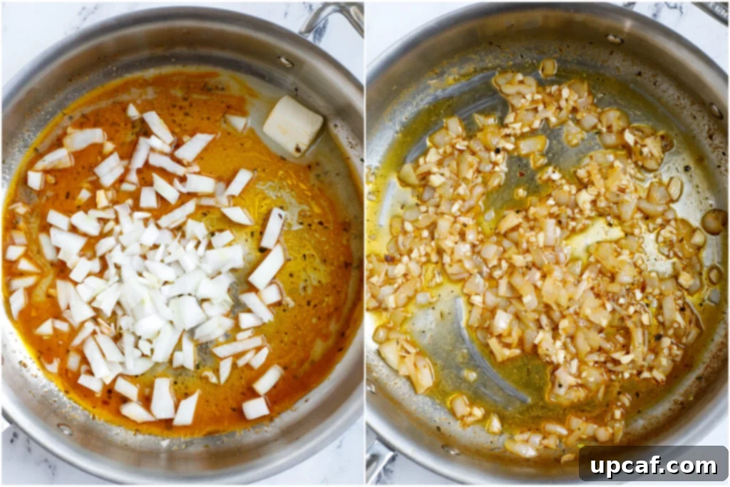 Creamy Tuscan Chicken Thighs 5 Cooking garlic and onions in a pan to start the sauce base.