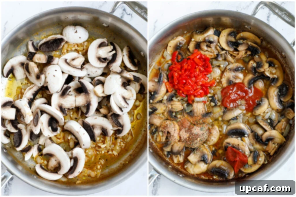 Creamy Tuscan Chicken Thighs 6 Adding mushrooms and tomato paste to the pan, creating a rich sauce.