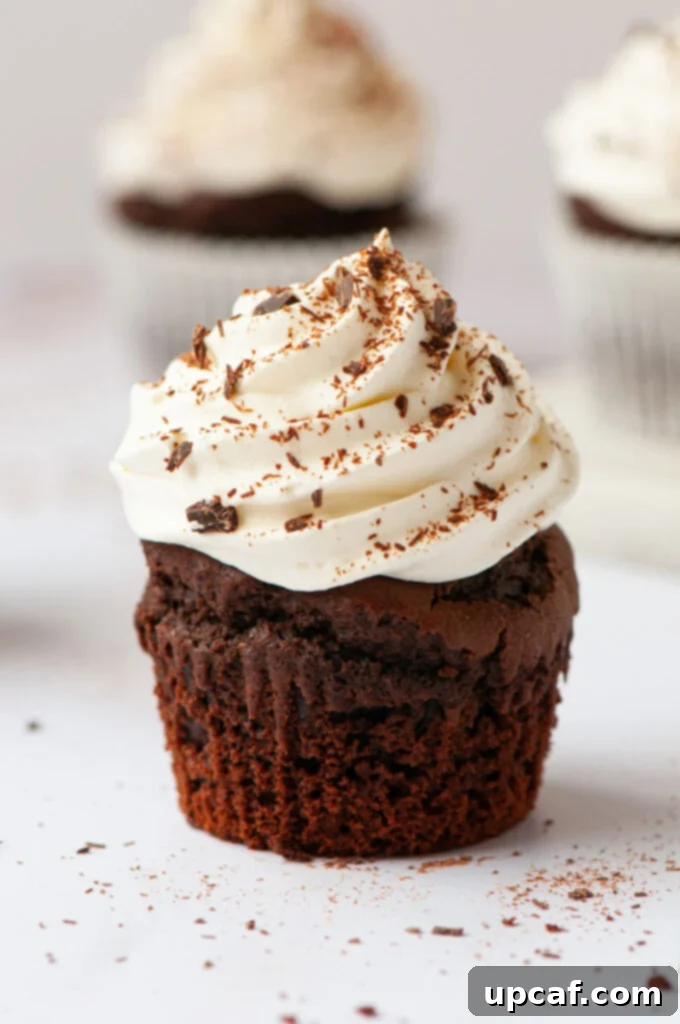 Fudgy Vegan Chocolate Perfection 7 A single vegan chocolate cupcake, beautifully frosted with white whipped cream, with its paper wrap completely removed, ready to be enjoyed.