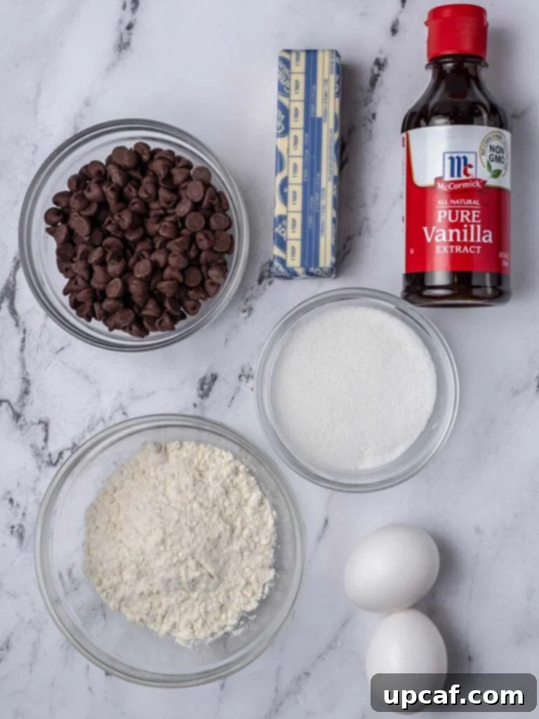 Overhead shot of all the ingredients laid out on a table, including chocolate chips, butter, eggs, sugar, vanilla extract, and flour.