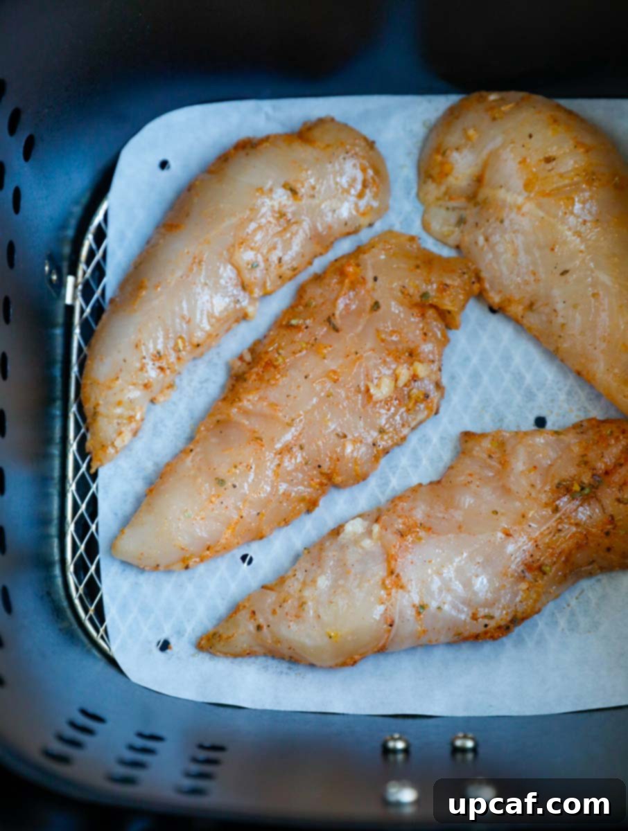 Raw, marinated chicken tenders neatly arranged in a single layer within the air fryer basket, ready for cooking.