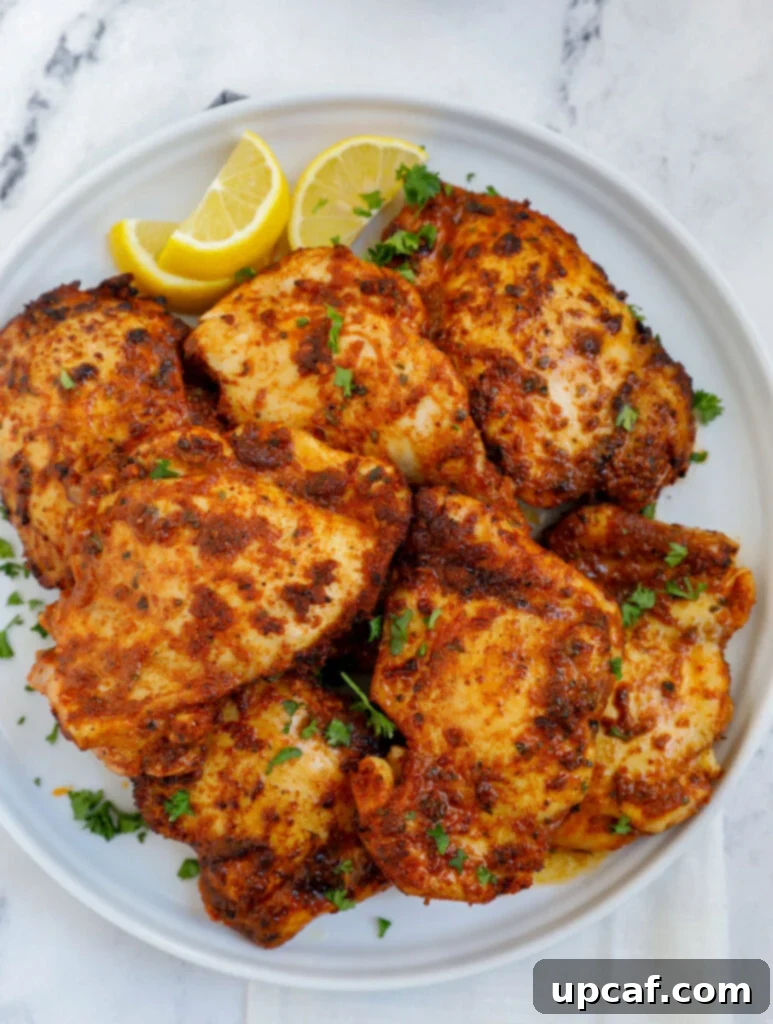 Crispy Juicy Air Fryer Boneless Thighs 2 Overhead shot of air fryer boneless chicken thighs on a plate, garnished with fresh herbs and lemon slices.
