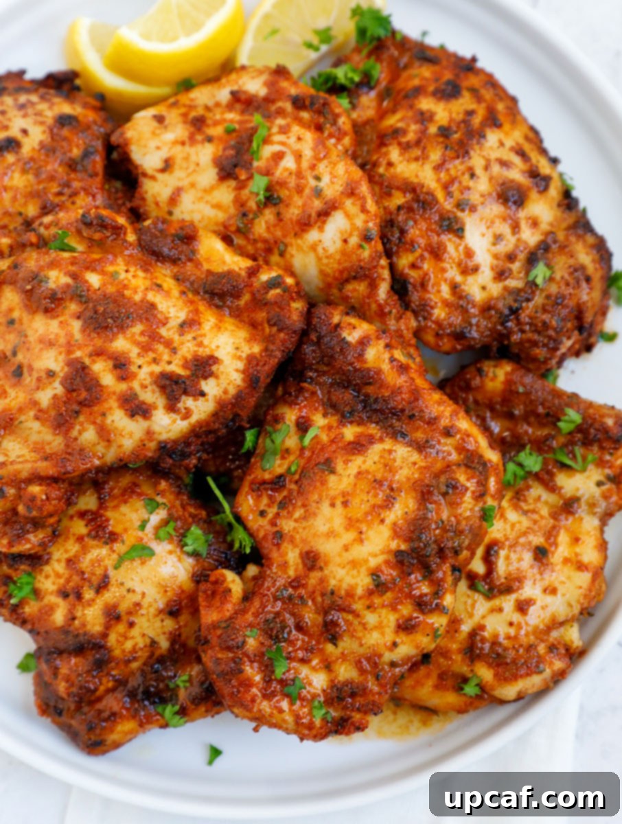 Crispy Juicy Air Fryer Boneless Thighs 7 Top down view of perfectly air fried chicken thighs, garnished and ready to serve.