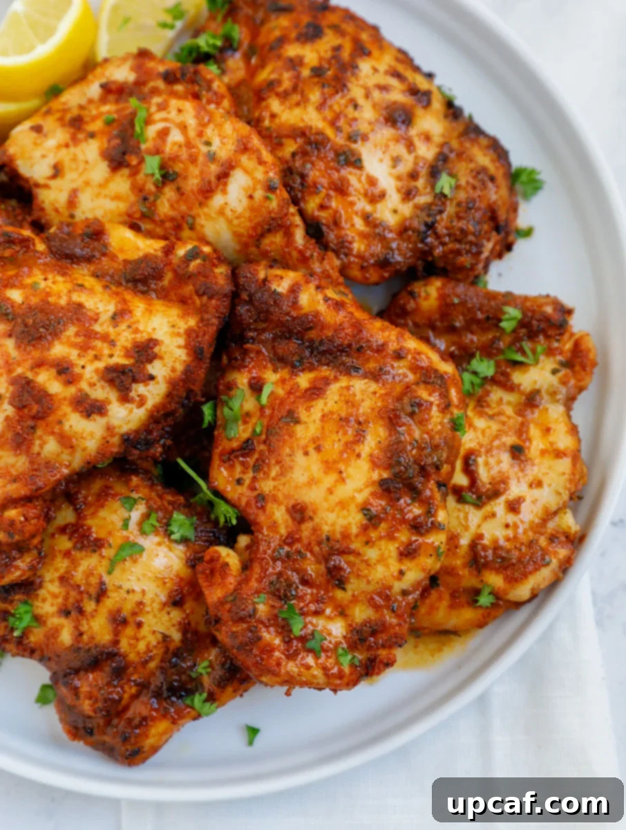 Crispy Juicy Air Fryer Boneless Thighs 8 Overhead shot of air fryer chicken thighs, beautifully golden and ready for a meal.