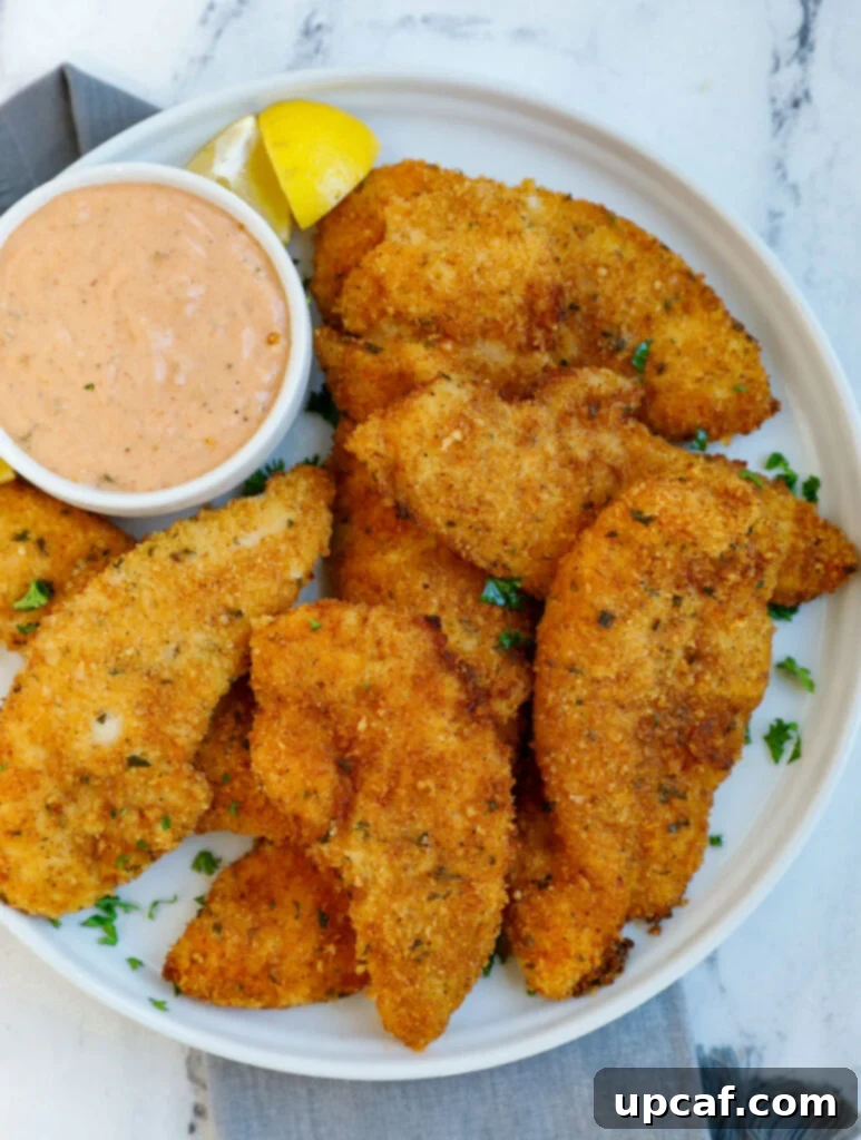 Plate of golden, crispy air fryer chicken strips with a side of special dipping sauce.