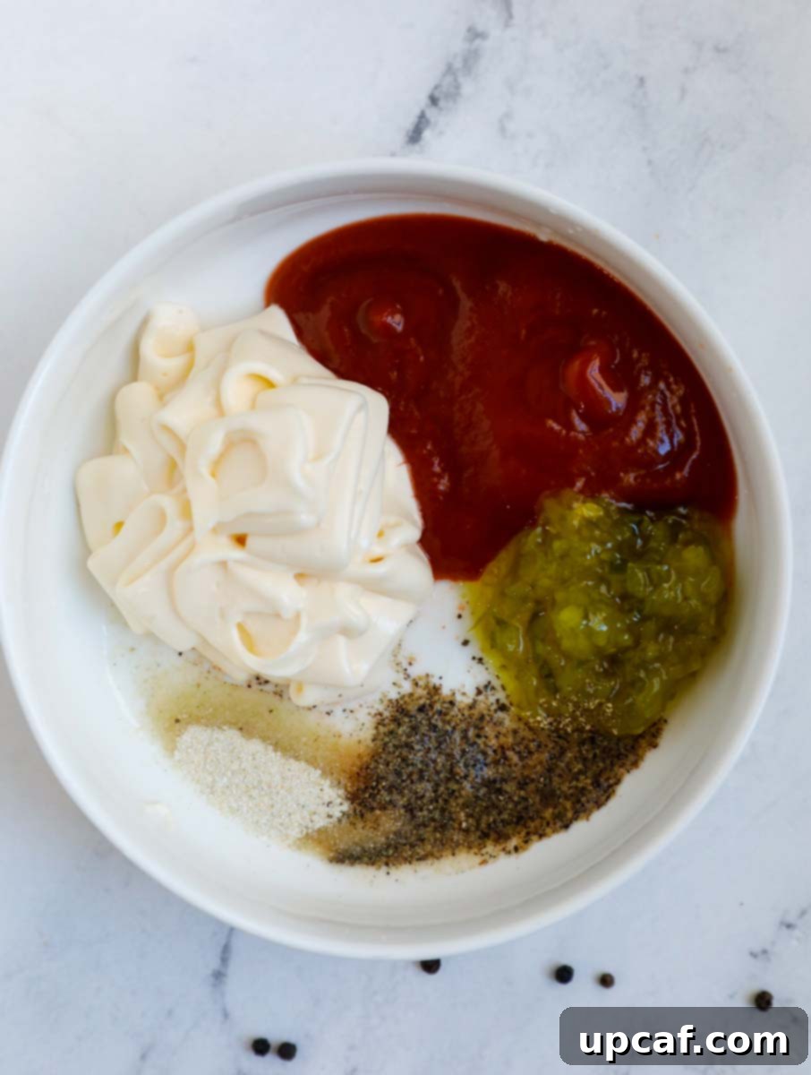 Close-up of special dipping sauce ingredients in a bowl before mixing.