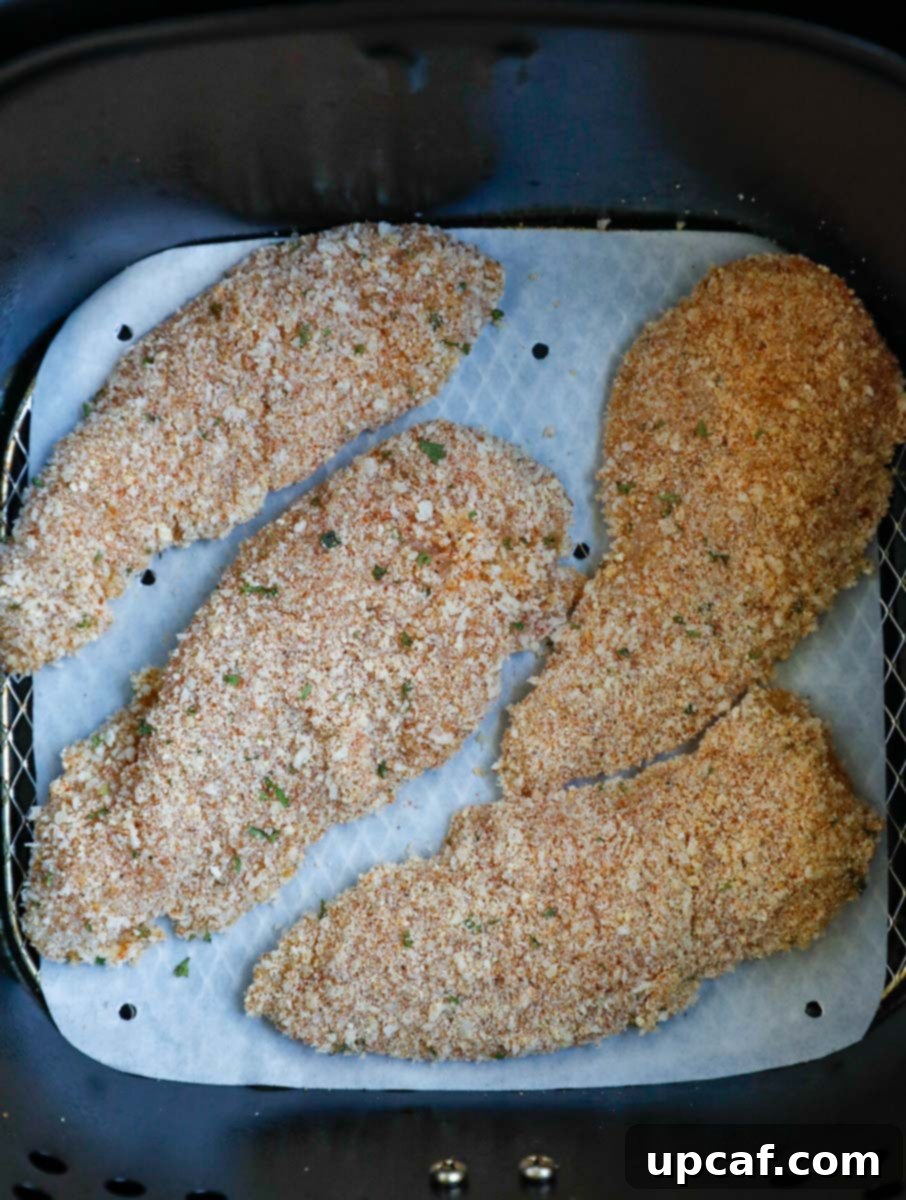 Raw, breaded chicken tenders arranged in a single layer in an air fryer basket before cooking.