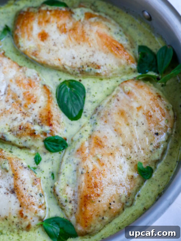 Overhead view of creamy pesto chicken in a skillet, ready for serving.