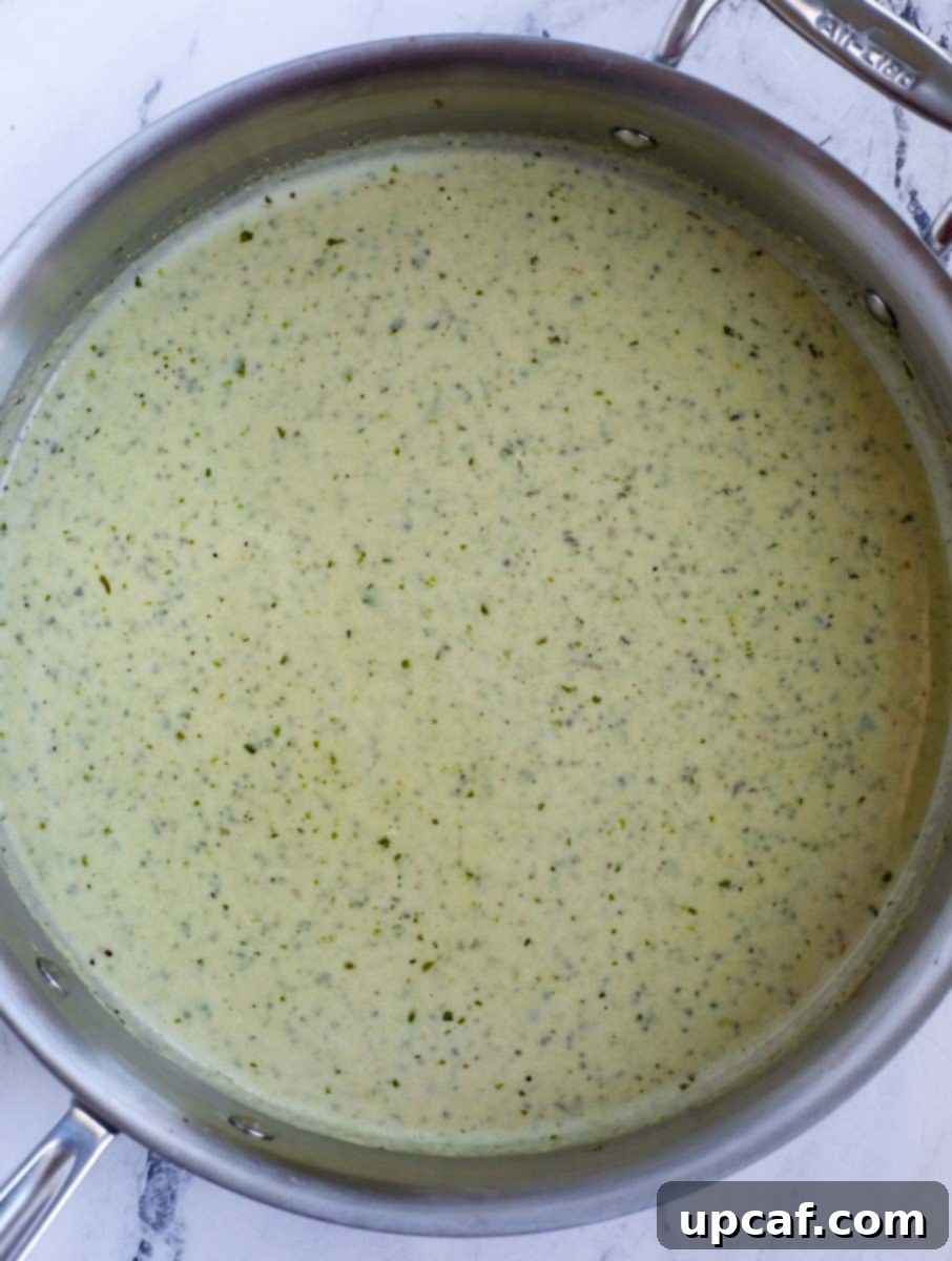 Creamy pesto sauce ready for the chicken.