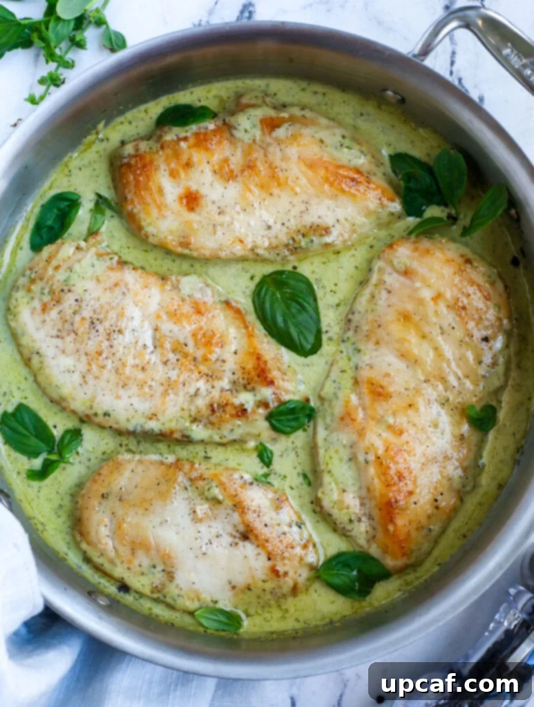Top down view of creamy pesto chicken in a pan, ready to serve.