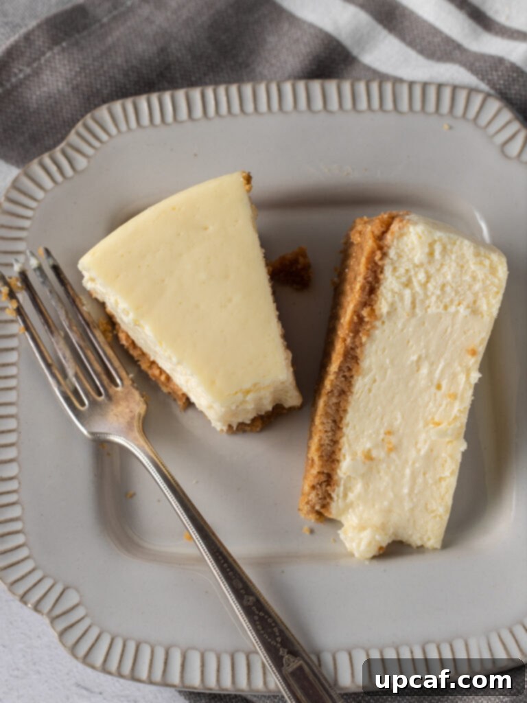 Overhead photo of two perfectly baked slices of New York style cheesecake on a white serving dish.