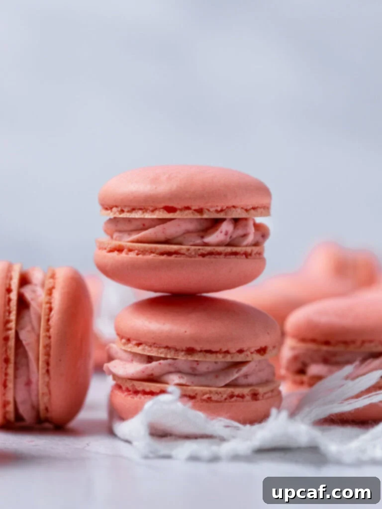 Strawberry Bliss Macarons 2 Delicious stack of three homemade strawberry macarons with pink shells.