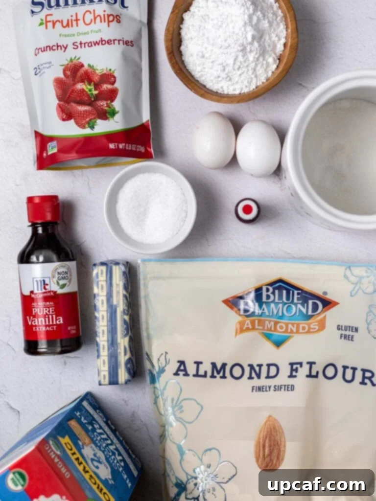 Strawberry Bliss Macarons 3 Overhead view of fresh ingredients for strawberry macarons: powdered sugar, almond flour, egg whites, granulated sugar, food coloring, butter, vanilla extract, freeze-dried strawberries, milk.