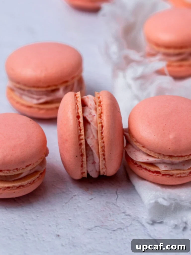 Strawberry Bliss Macarons 7 An assortment of freshly baked pink French strawberry macarons, showcasing perfect 'feet'.