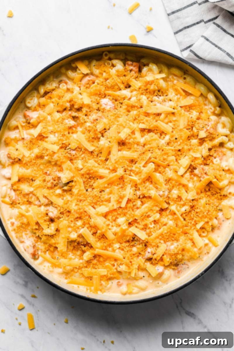 Cajun Chicken Mac and Cheese topped with cheese and bread crumbs in a skillet, ready for baking.