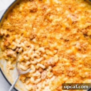 top down shot of the mac and cheese in a skillet