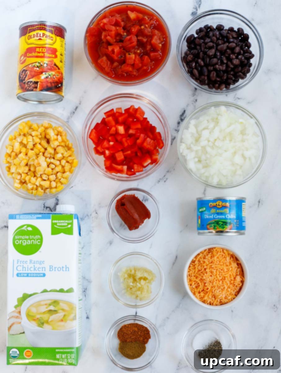 Top down view of ingredients needed to make chicken enchilada soup.