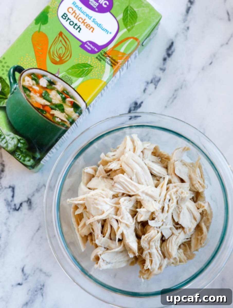 Shredded chicken and chicken broth.