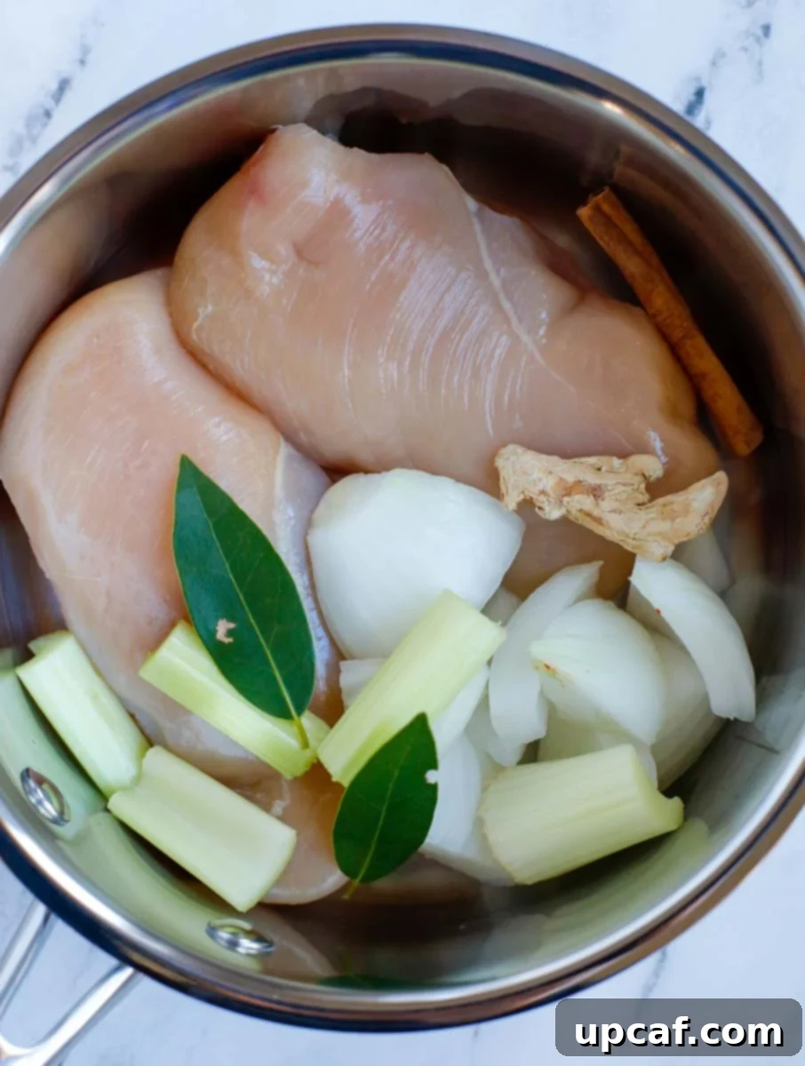 A pot with chicken and aromatics.