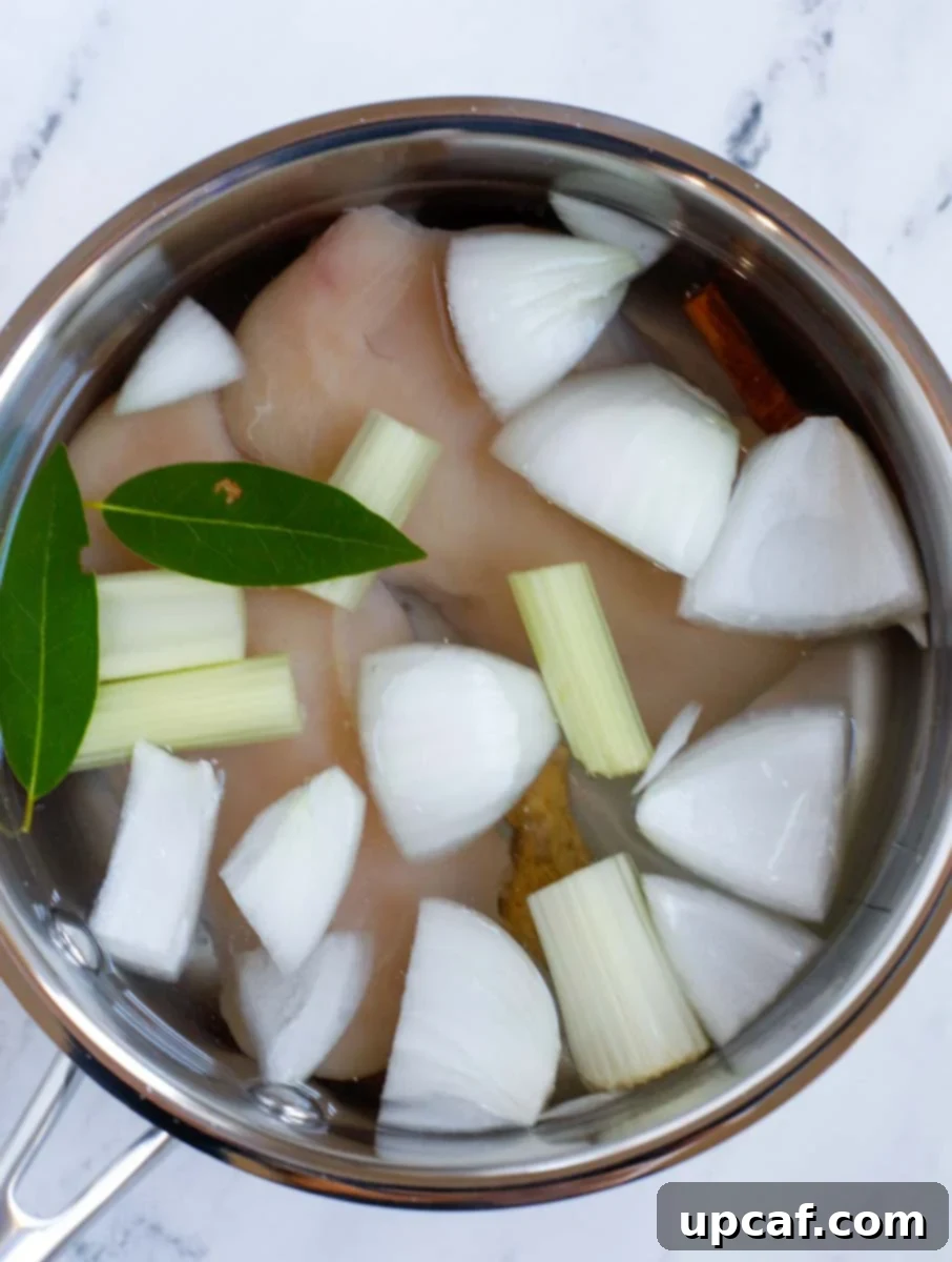 Chicken breasts inside of a pot and with onions and water.
