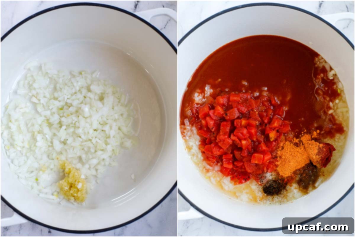 A set of two photos of ingredients being sauted and then adding enchilada sauce, fire roasted tomatoes, spices, and salt into a pot.