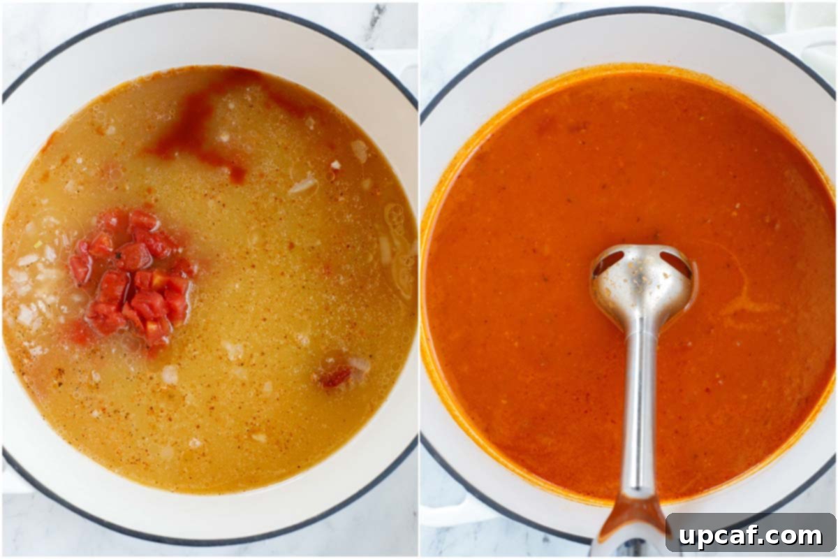A set of two photos of soup being simmers and blended up.