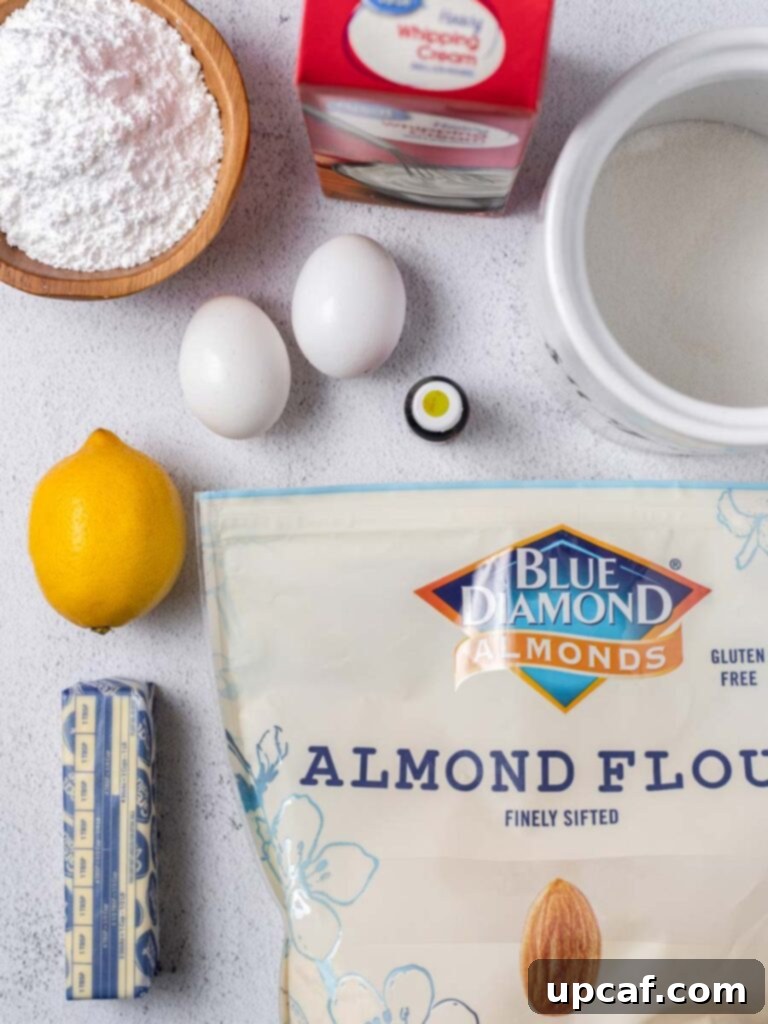 Ingredients for lemon macarons, including almond flour, powdered sugar, eggs, butter, and lemons