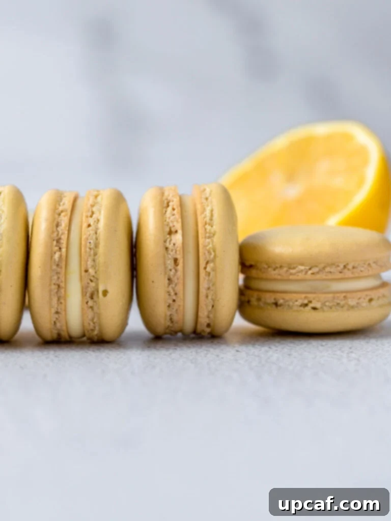 Rows of finished lemon macarons neatly arranged