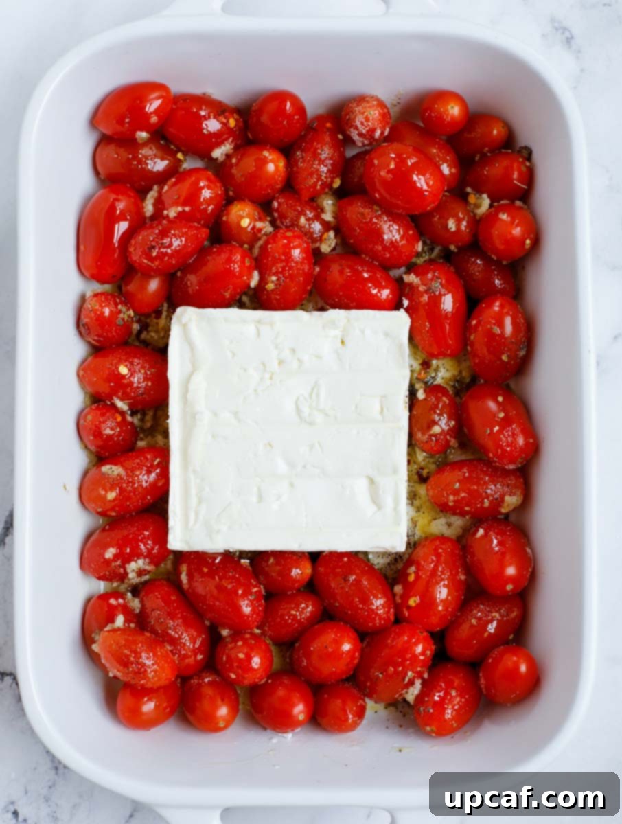 Golden Feta Pasta Bake 5 A block of feta cheese placed in the center of a baking dish surrounded by seasoned tomatoes.