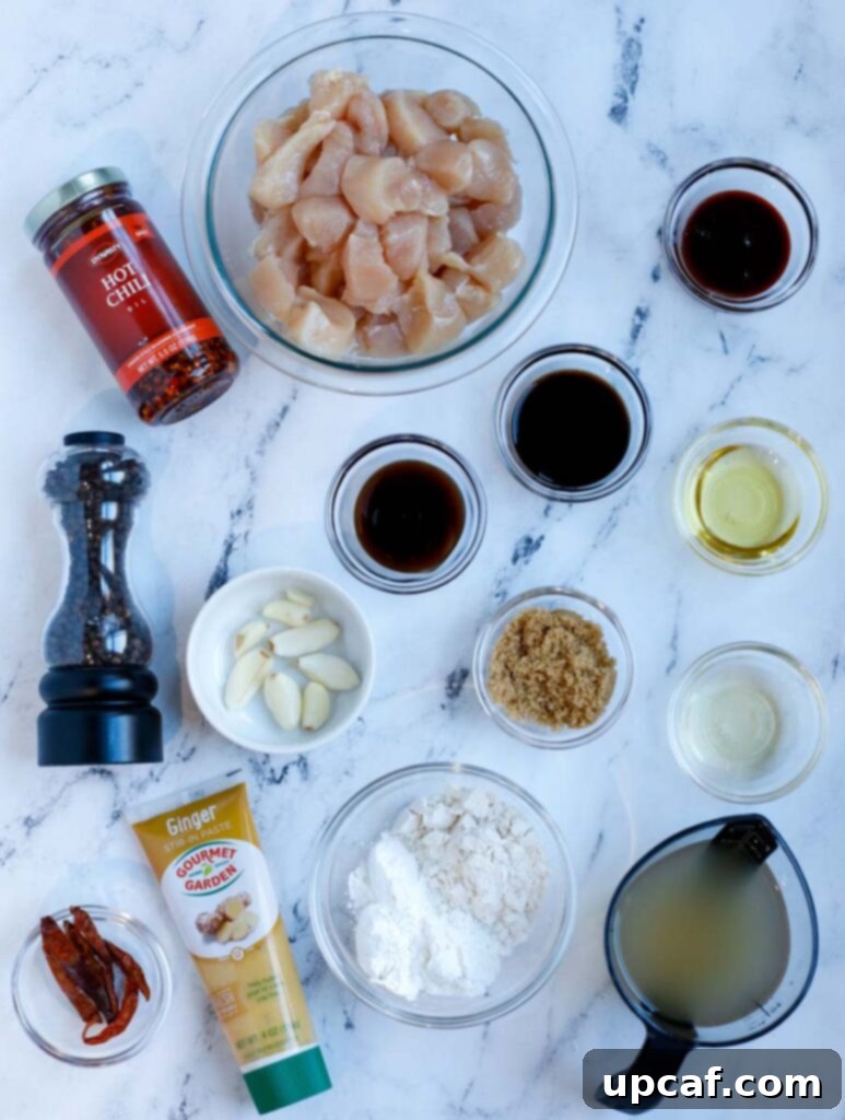 Overhead image of ingredients needed to make general tso chicken, including chicken, spices, and various sauces.