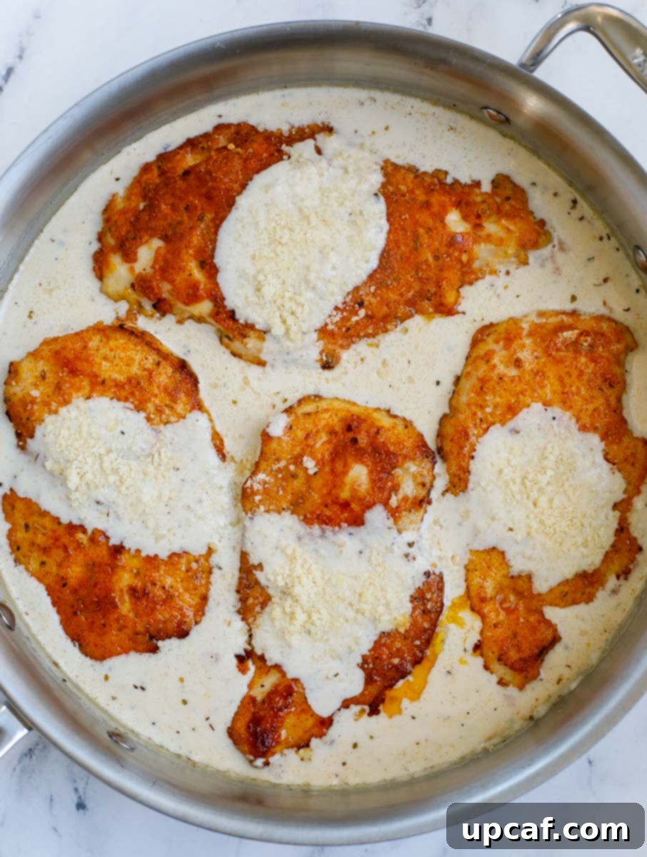 Four golden-brown chicken breasts generously covered with creamy Caesar sauce and topped with melted Parmesan cheese, ready for the oven.