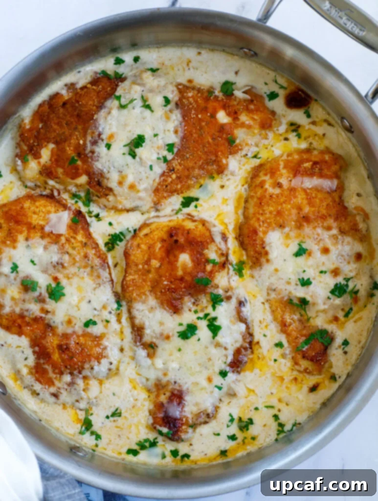 Cooked creamy Caesar chicken resting in a skillet, bathed in its rich sauce and garnished with fresh herbs, ready to be served.